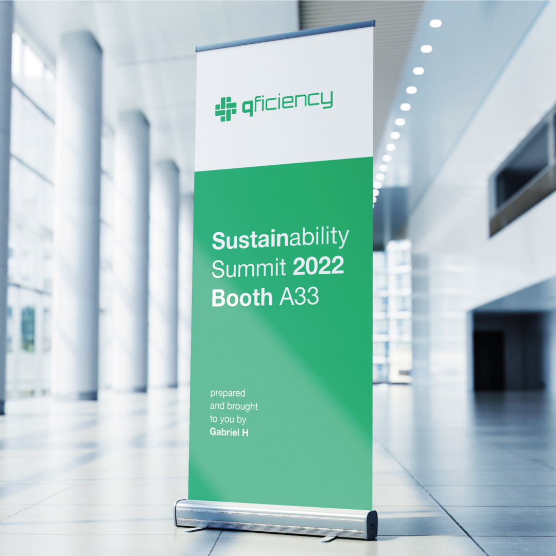 Qficiency Event Stand with logo in use